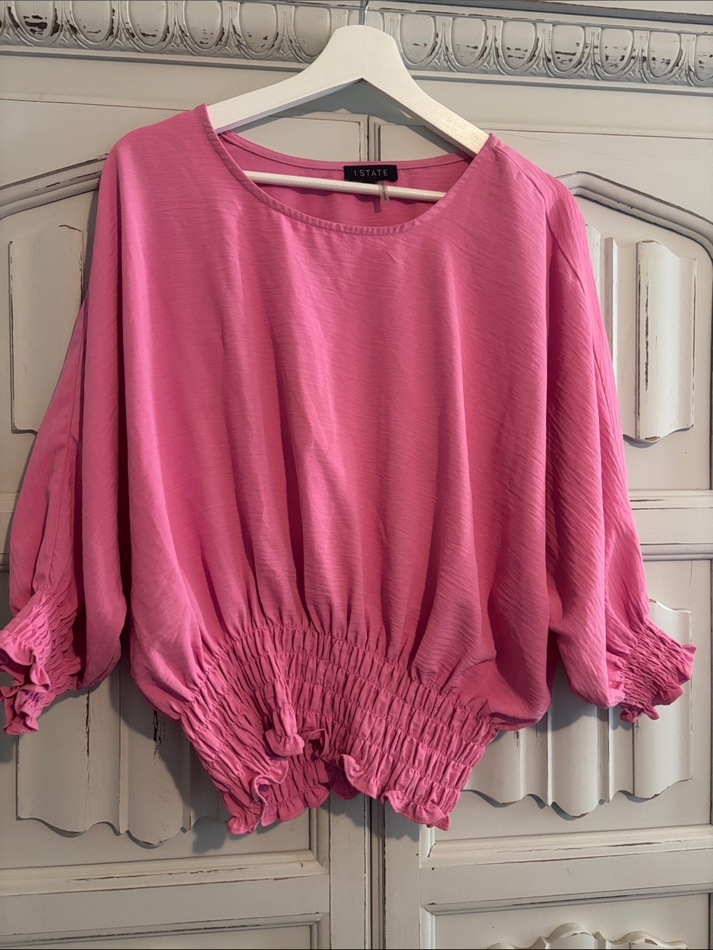 I•State Pink Smocked-Hem Balloon Sleeve Top